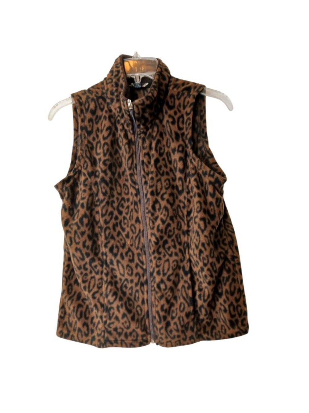Lena Petite S Womens Leopard Print Sleeveless Fleece Vest Zip Brown Black #I-8 - Picture 7 of 8